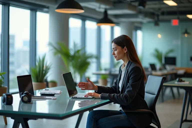 Jeune femme en blazer travaillant sur un ordinateur dans un bureau moderne