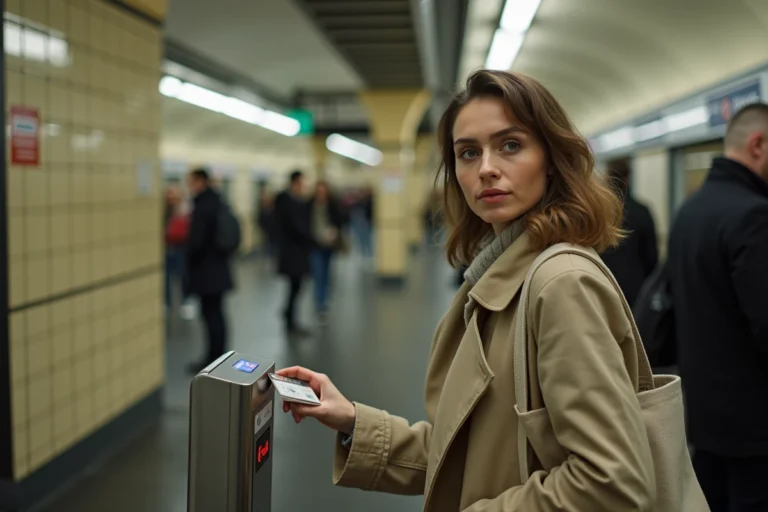Femme utilisant son forfait Navigo en tapping à l'entrée d'une station de métro parisienne