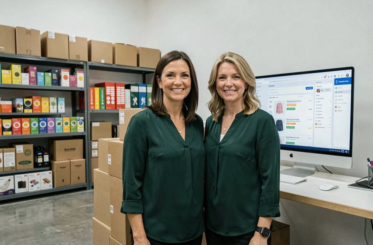 Femme gérant les mises à jour et nouveautés de sa boutique en ligne dans un espace logistique professionnel