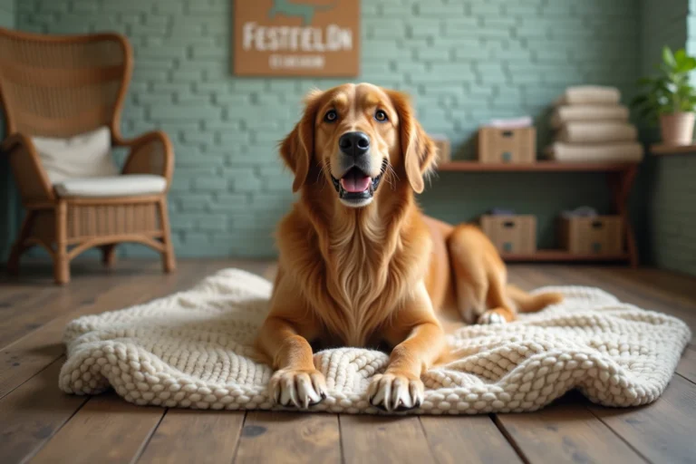 Golden retriever au regard doux assis sur une couverture dans un refuge animalier, illustrant les animaux de 4 Pattes d'Amour