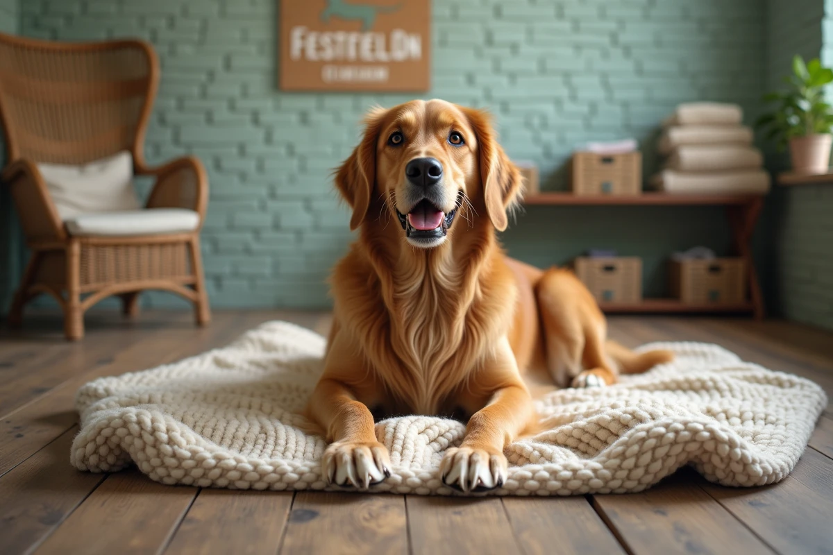 Golden retriever au regard doux assis sur une couverture dans un refuge animalier, illustrant les animaux de 4 Pattes d'Amour