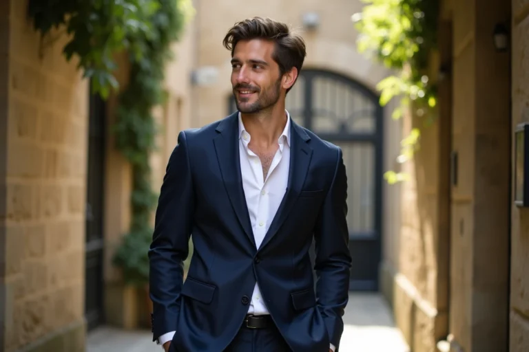 Jeune homme élégant en costume bleu marine dans une cour parisienne romantique aux murs en pierre