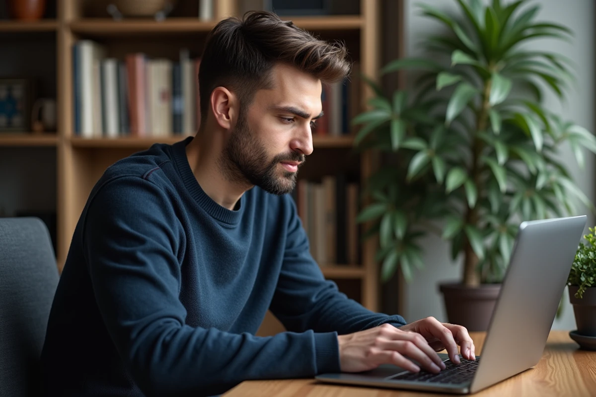 Homme concentré travaillant sur son ordinateur dans un bureau cosy