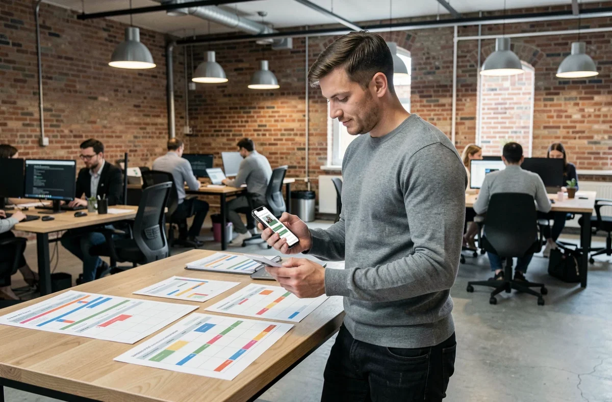 Jeune professionnel gérant sa présence web dans un espace de coworking moderne avec smartphone et planning de contenu