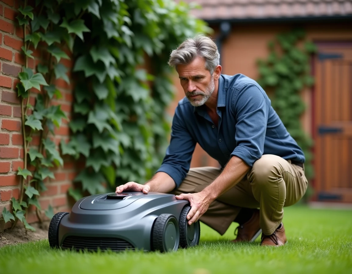 Homme d'une quarantaine d'années inspectant le panneau de commande d'un robot tondeuse Kress dans un jardin avec mur en briques rouges