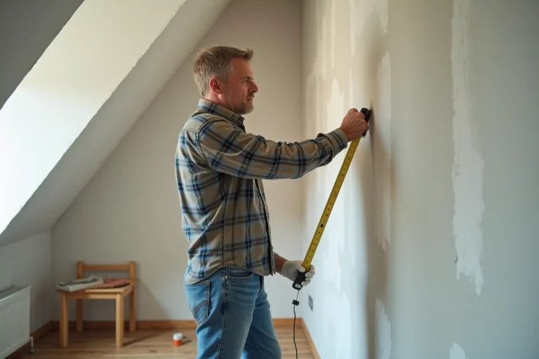 Homme mesurant un mur intérieur en rénovation