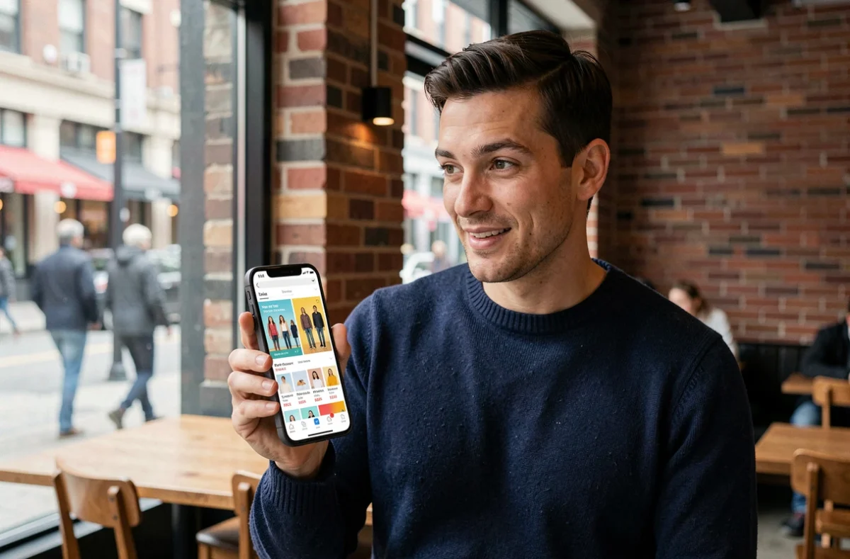 Homme consultant les nouvelles arrivées d'une boutique en ligne sur son smartphone dans un café urbain