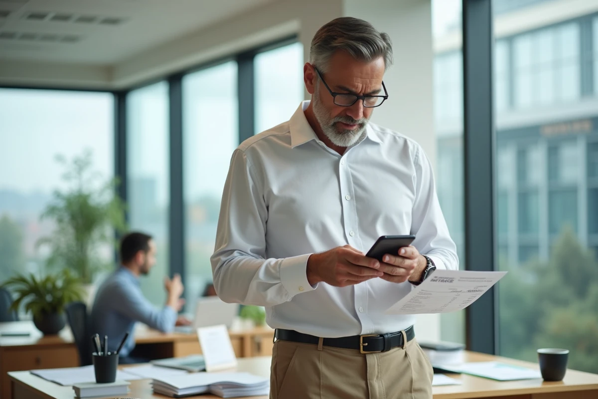 Homme vérifiant une facture papier avec son smartphone dans un bureau