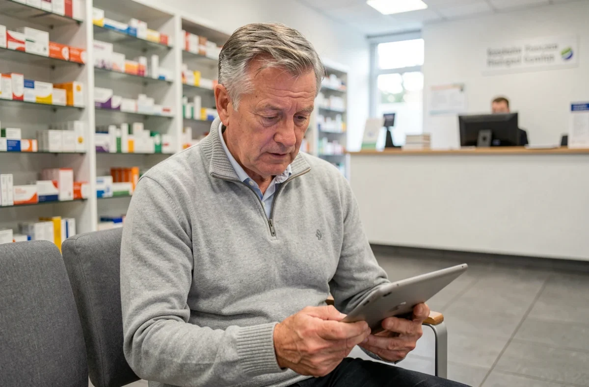 Homme senior utilisant une tablette pour accéder aux services de santé en ligne dans une pharmacie belge