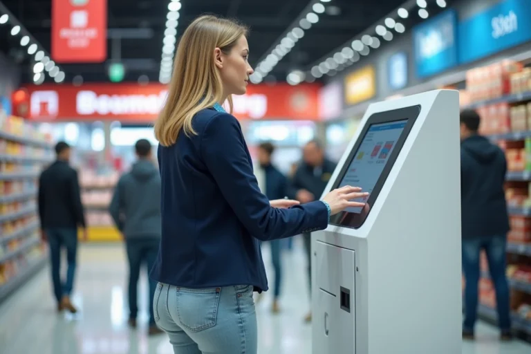 Femme utilisant une borne d'impression libre-service dans un supermarché Carrefour