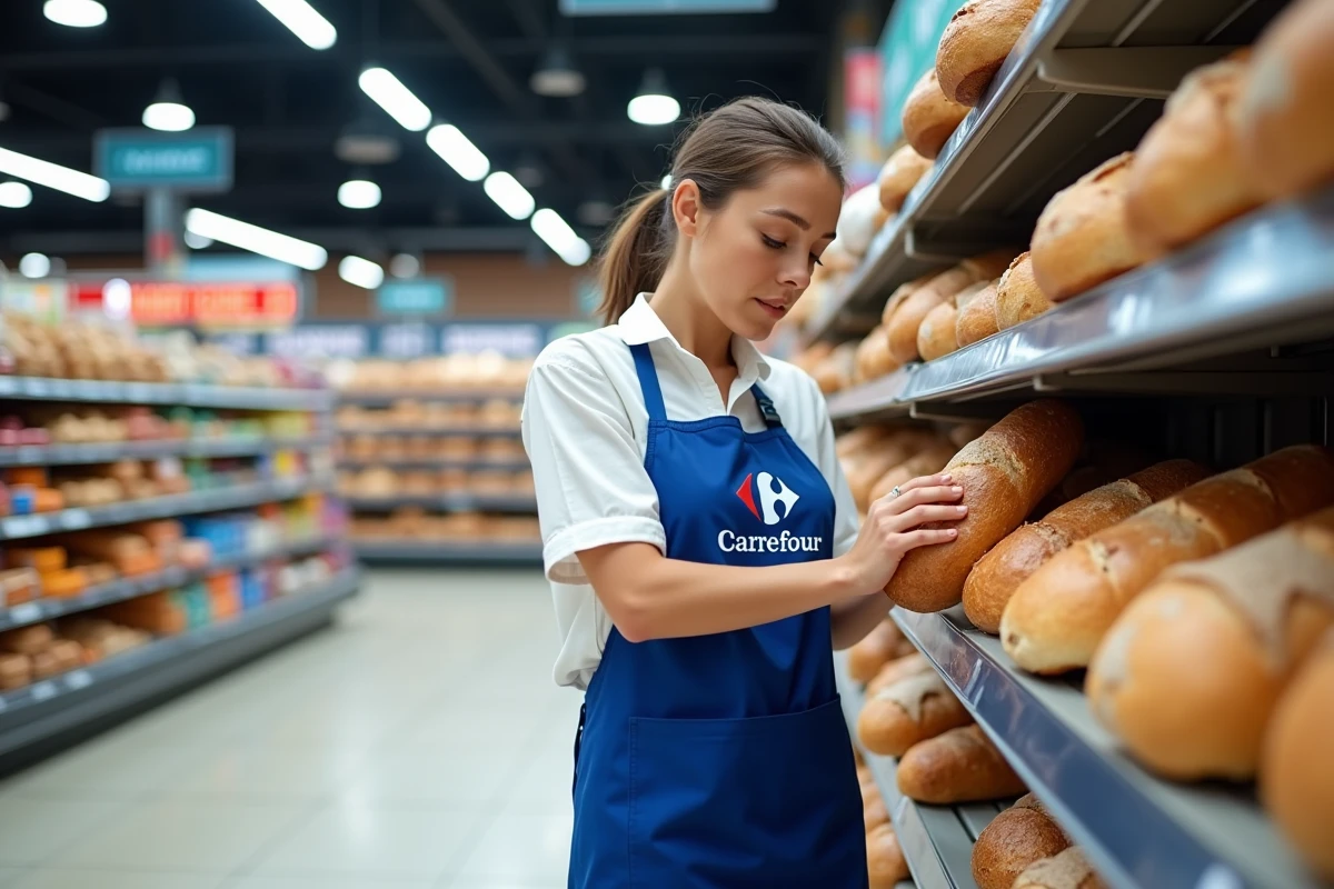 Intérieur d'un Carrefour Market avec allées bien rangées et employée en tablier bleu au rayon épicerie