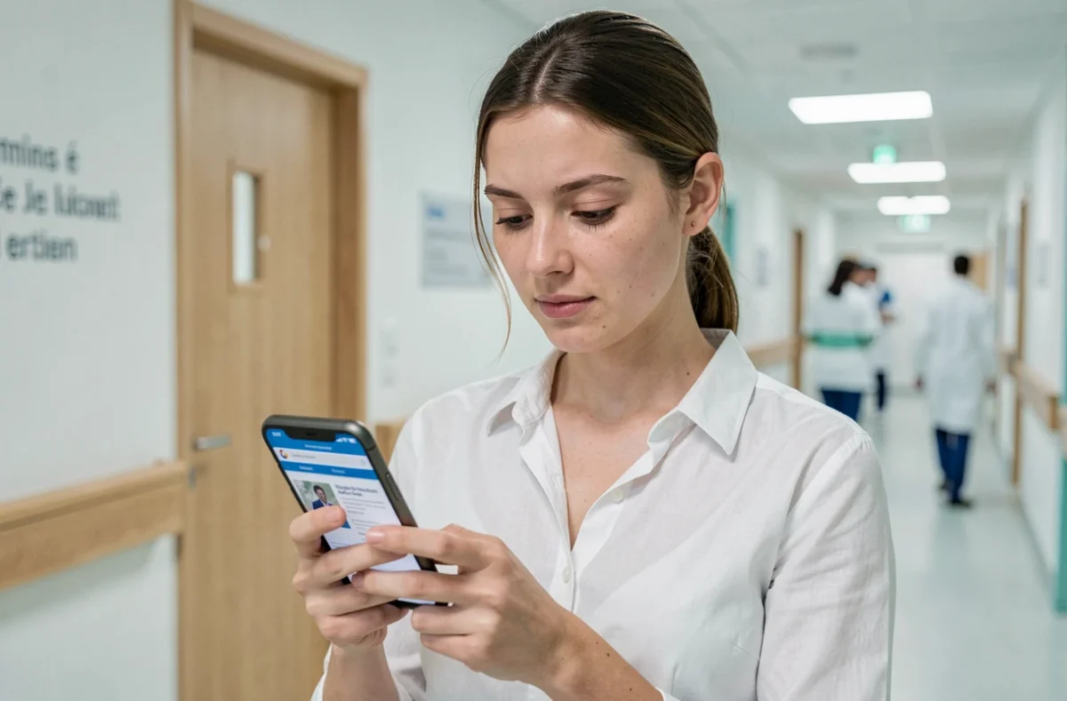 Jeune femme consultant le portail belge de santé en ligne sur son smartphone dans un couloir d'hôpital moderne