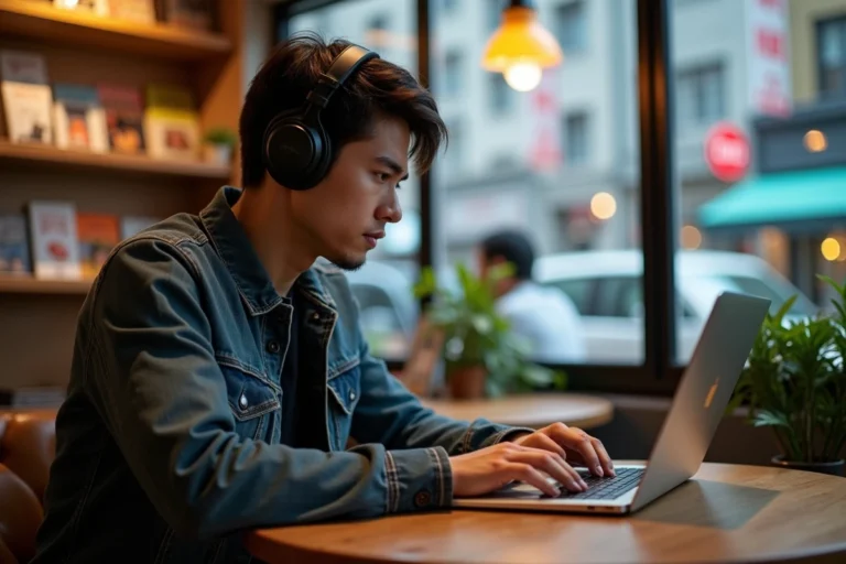 Jeune homme avec casque sans fil dans un café tokyoïte