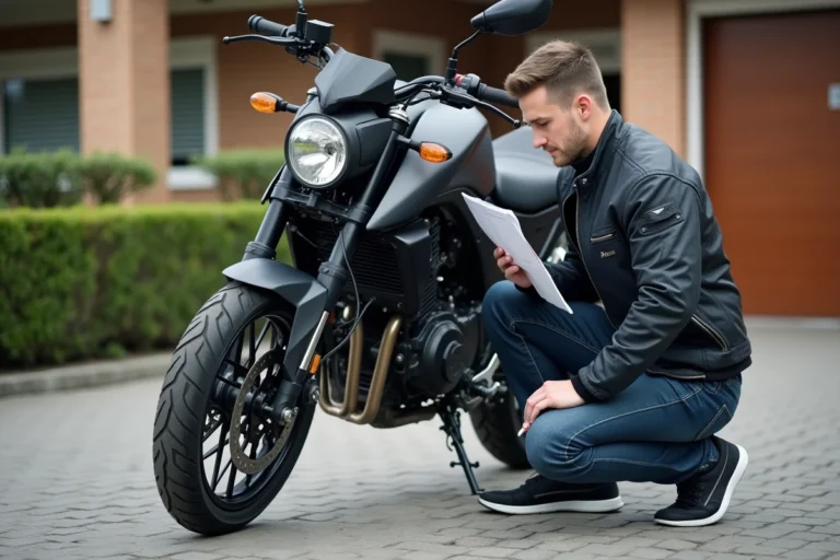 Jeune homme inspectant une moto 125 MT en extérieur
