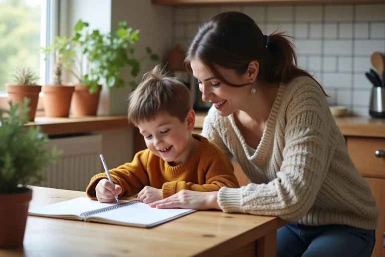 Maman aidant son enfant de 7 ans à faire ses devoirs