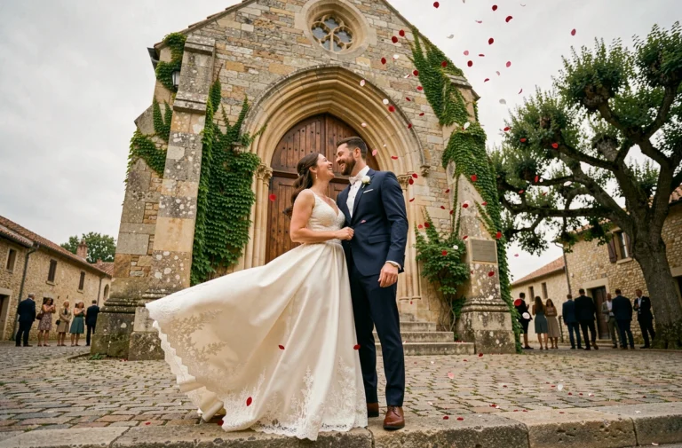 Mariés souriant devant une église en pierre ancienne en France, tradition de mariage classique avec lancer de pétales de roses