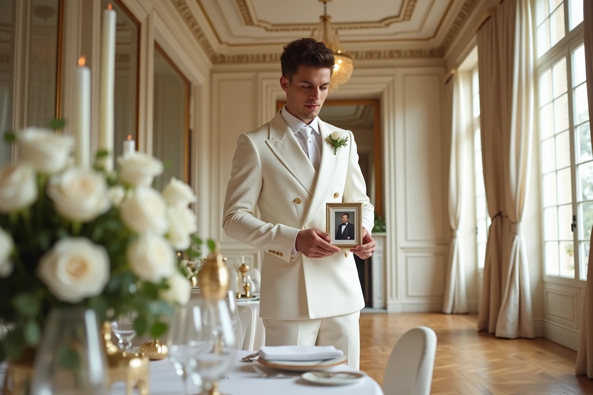 Marié en costume blanc tenant une photo lors d'une réception de mariage dans un salon parisien haussmannien