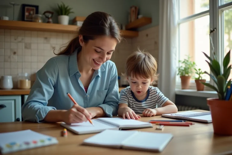 Mère et enfant de 3 ans préparant les fournitures scolaires à la maison pour la rentrée