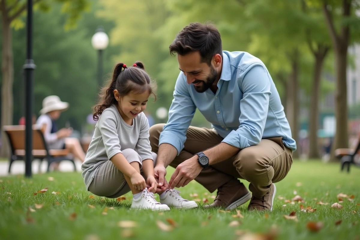Papa aidant sa fille de 5 ans à lacer ses chaussures