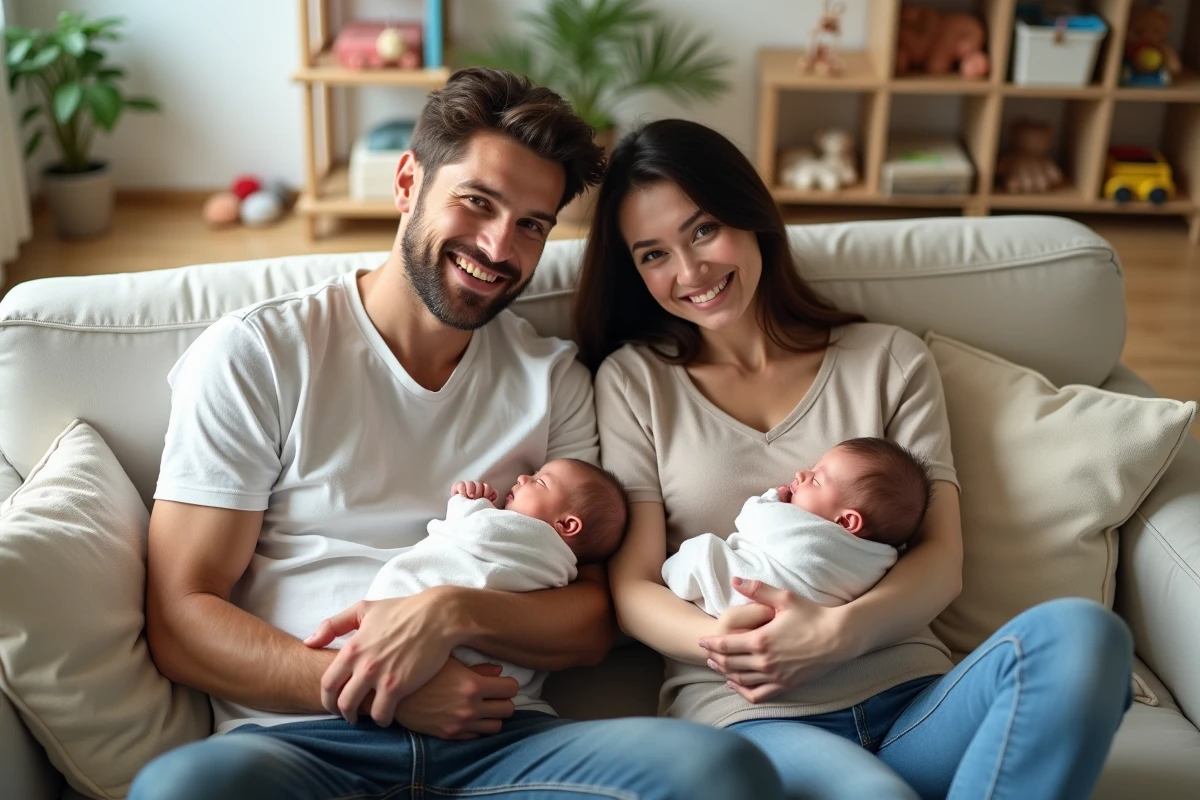 Parents fiers tenant leurs jumeaux endormis à la maison