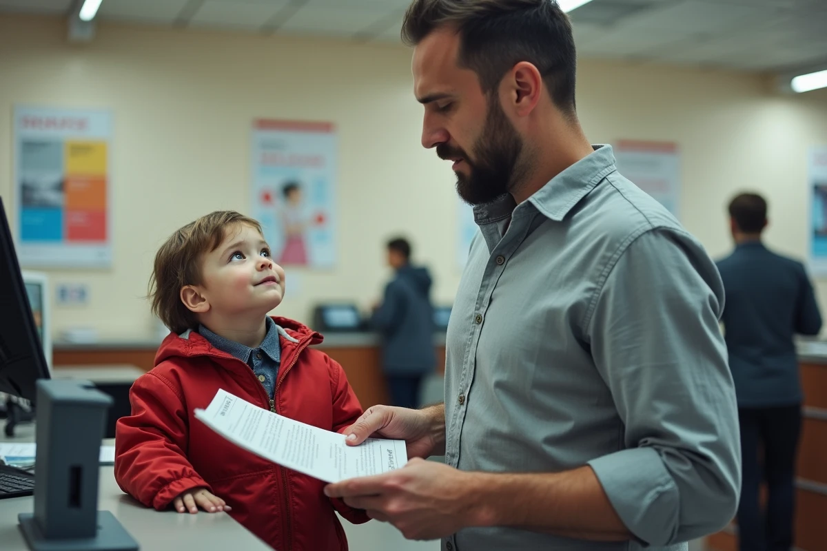 Père avec son enfant effectuant des démarches administratives pour l'allocation de rentrée scolaire à la CAF