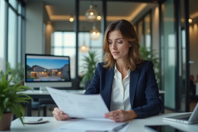 Professionnelle de l'immobilier consultant les mentions légales de son site web dans une agence moderne