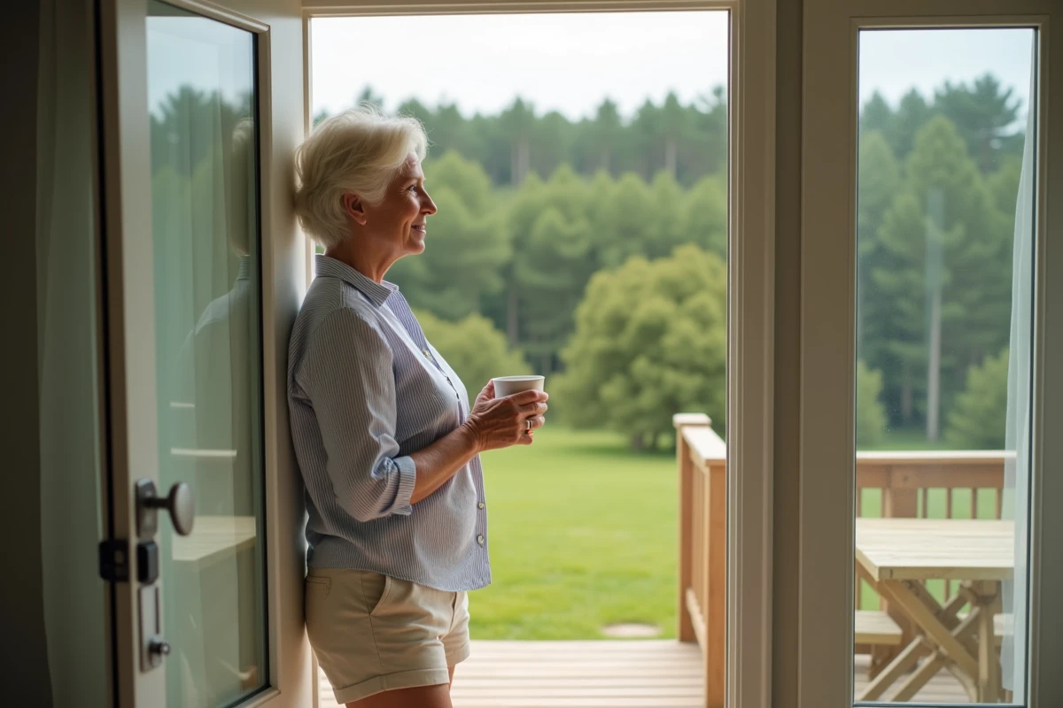 Femme propriétaire devant son mobil-home sur une parcelle en Vendée profitant d'un moment de détente