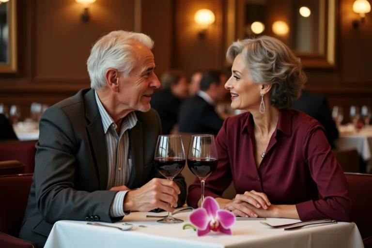 Couple de seniors élégants partageant un dîner romantique dans un restaurant gastronomique parisien