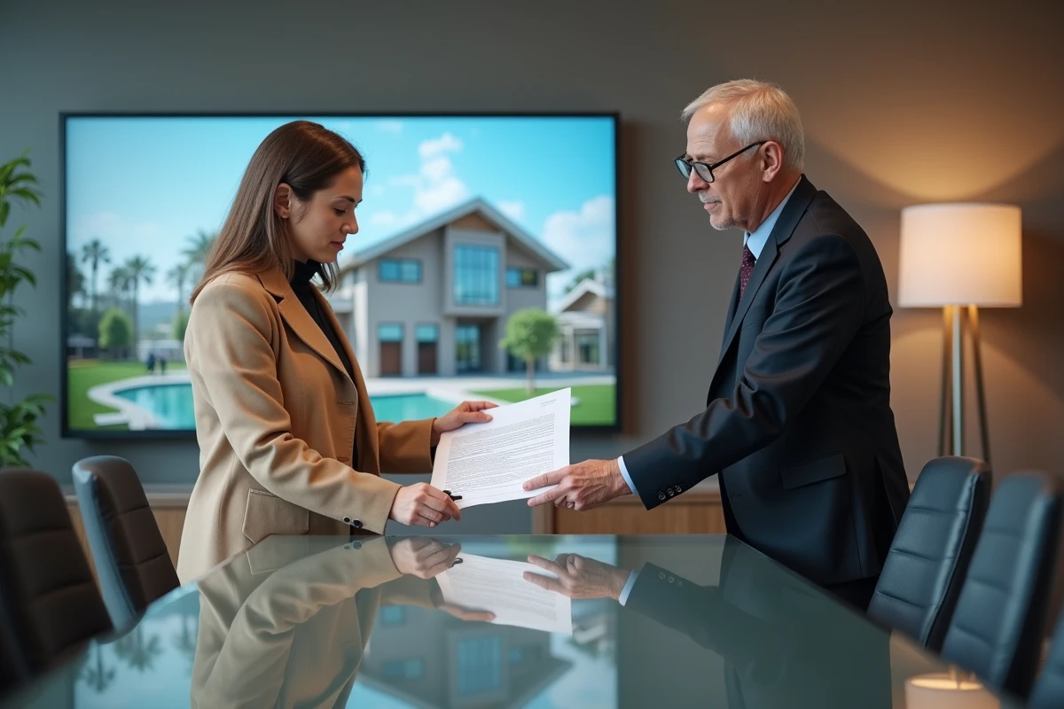 Deux professionnels de l'immobilier examinant les obligations légales d'un site internet immobilier