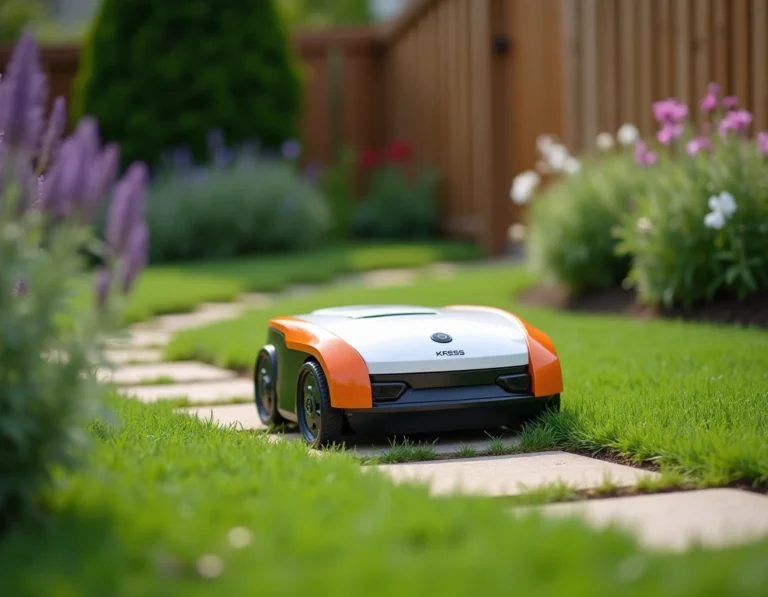Robot tondeuse Kress en train de tondre automatiquement un jardin résidentiel bien entretenu avec une allée en pierre et des arbustes fleuris