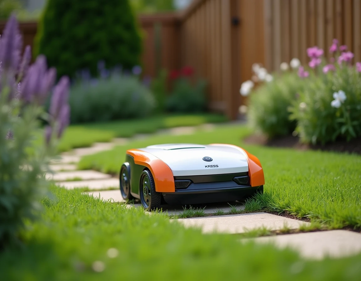 Robot tondeuse Kress en train de tondre automatiquement un jardin résidentiel bien entretenu avec une allée en pierre et des arbustes fleuris