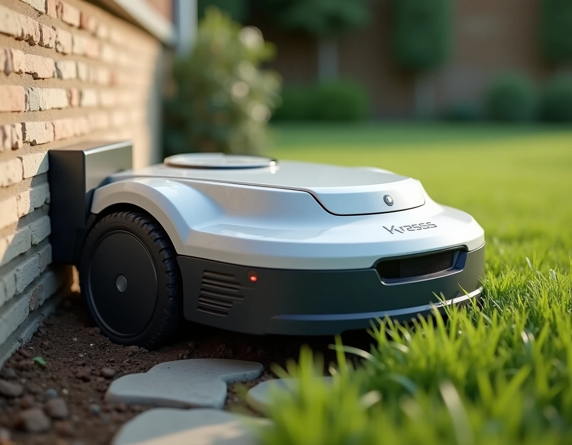 Gros plan du robot tondeuse Kress se connectant à sa station de recharge avec le câble de délimitation visible sur le bord de la pelouse