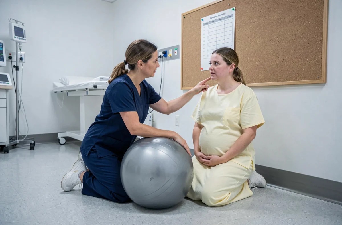 Sage-femme conseillant une femme enceinte sur le choix de la taille de ballon d'accouchement en salle de naissance