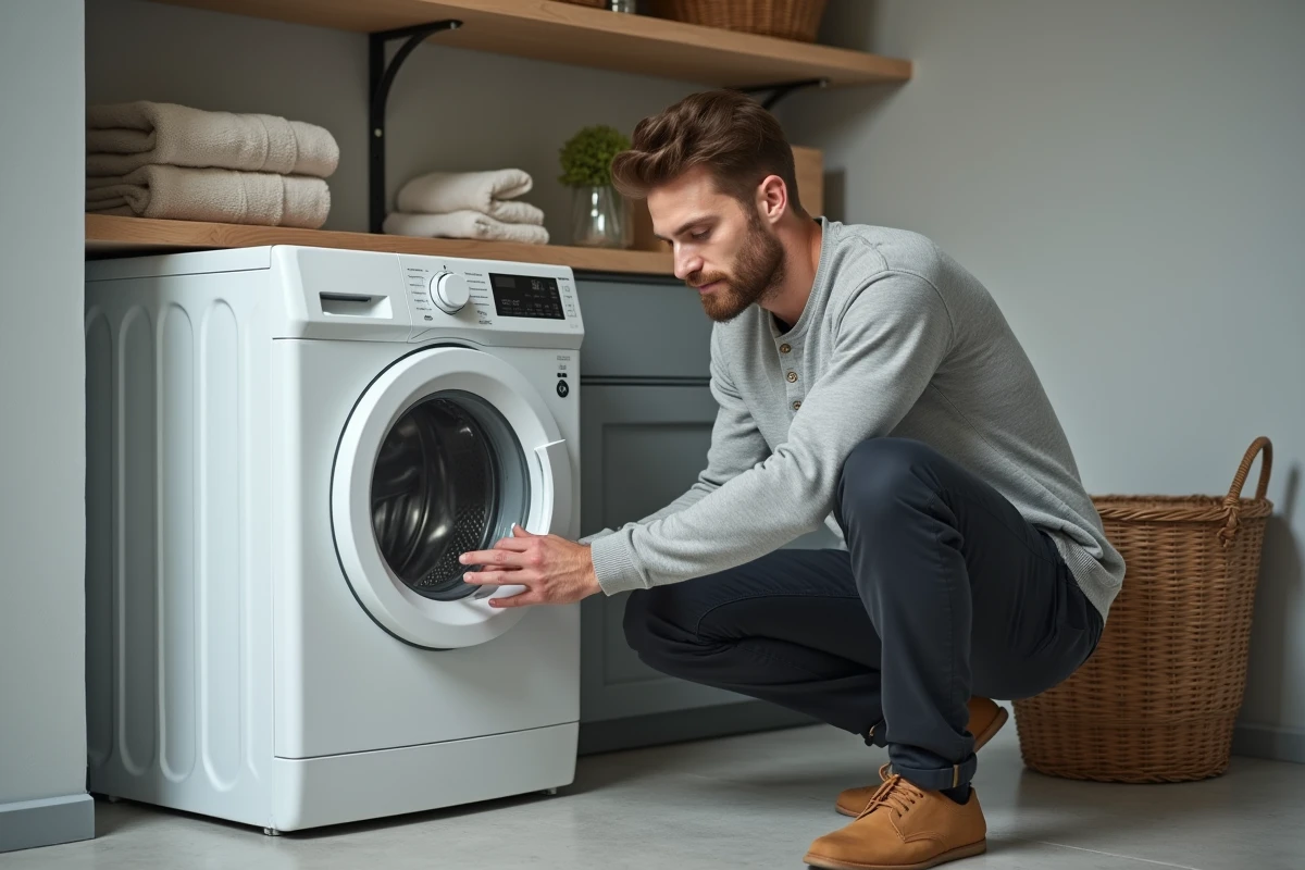 Homme lisant les caractéristiques d'un lave-linge dans une buanderie bien organisée