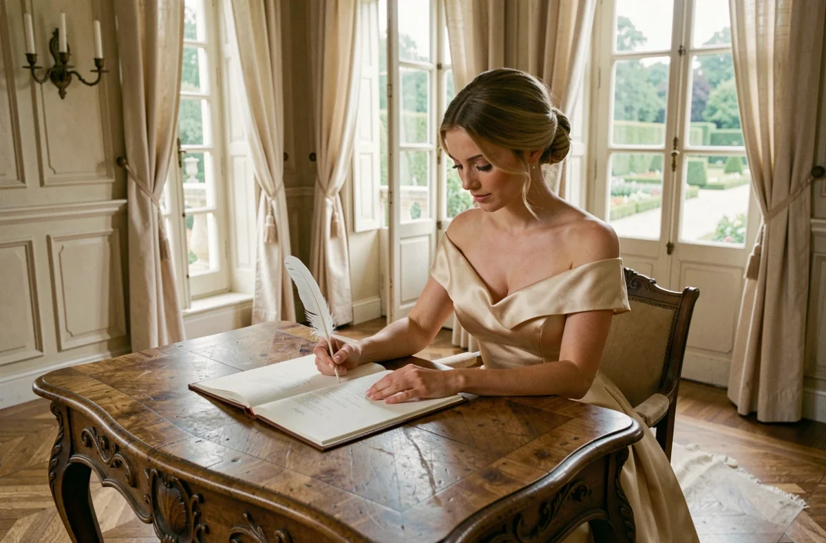 Mariée signant le registre de mariage dans un château français historique, tradition de signature officielle lors d'une réception