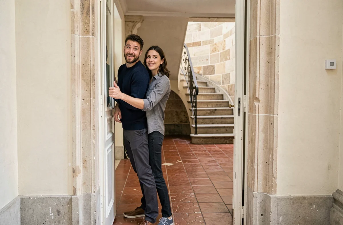 Couple visitant un appartement à Lyon dans un immeuble ancien lors d'un premier achat immobilier