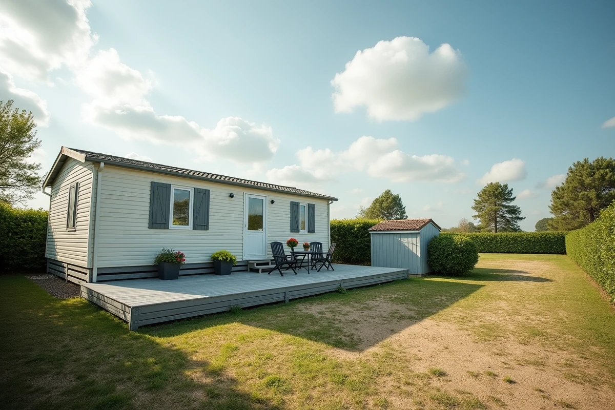 Vue d'ensemble d'une parcelle de terrain avec mobil-home en Vendée dans un cadre naturel et verdoyant