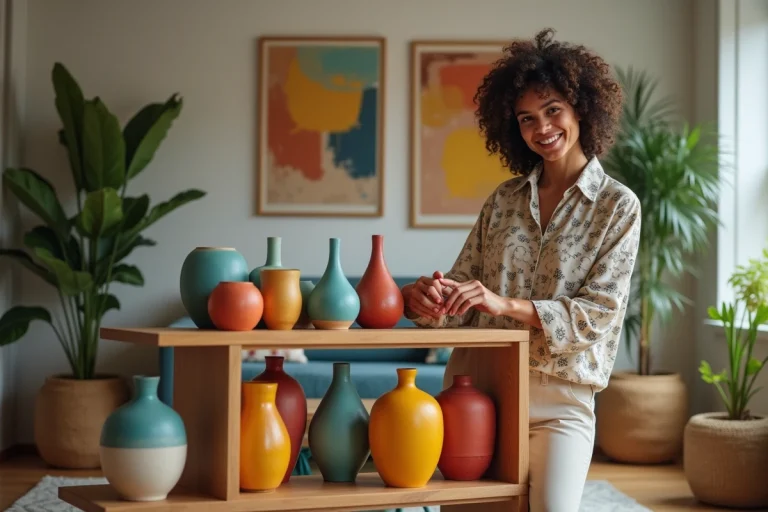 Femme souriante arrangeant des vases en céramique colorés dans un salon moderne