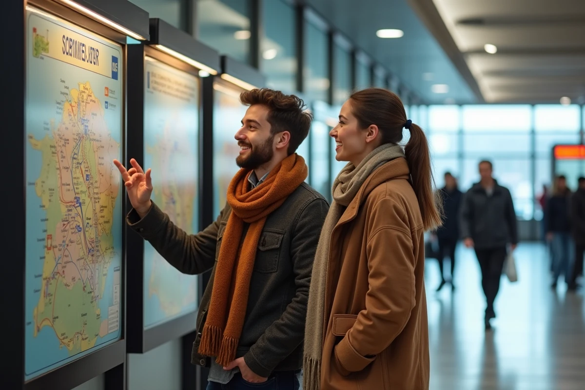 Couple examinant la carte des zones Navigo dans une gare parisienne pour planifier un trajet week-end